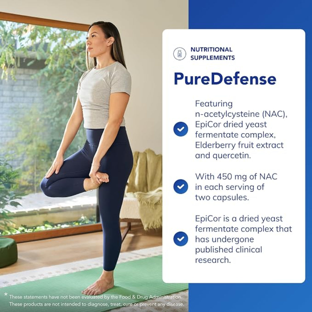 Woman practicing yoga in a home setting with PureDefense supplement information overlay.