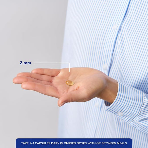 Hand holding a capsule with measurement label and text about daily dosage.