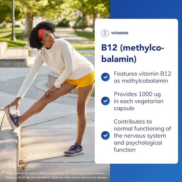 Woman stretching outdoors with vitamin B12 supplement information overlay