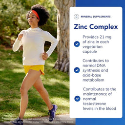 Woman exercising outdoors with a supplement information overlay about Zinc Complex.