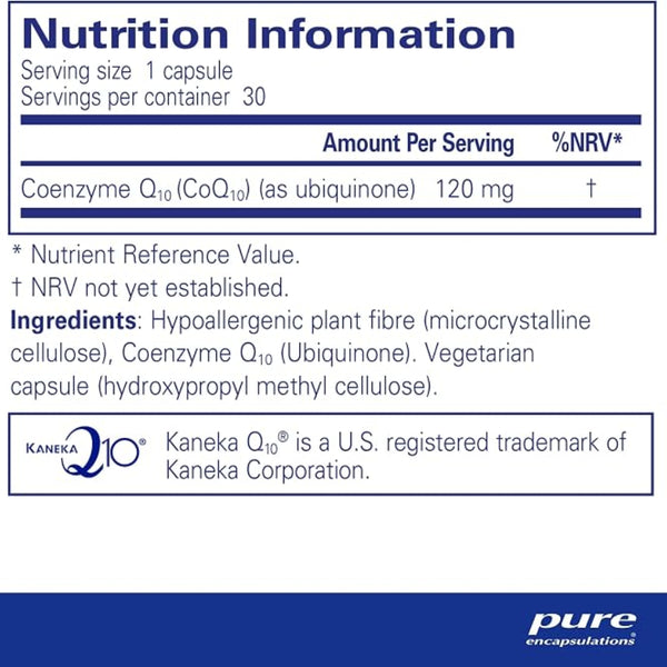 A Nutrition Information label panel for Kaneka Q10, showing serving size, servings per container, amount per serving, and ingredients. The label includes the Kaneka Q10 logo and a Pure Encapsulations mark at the bottom.