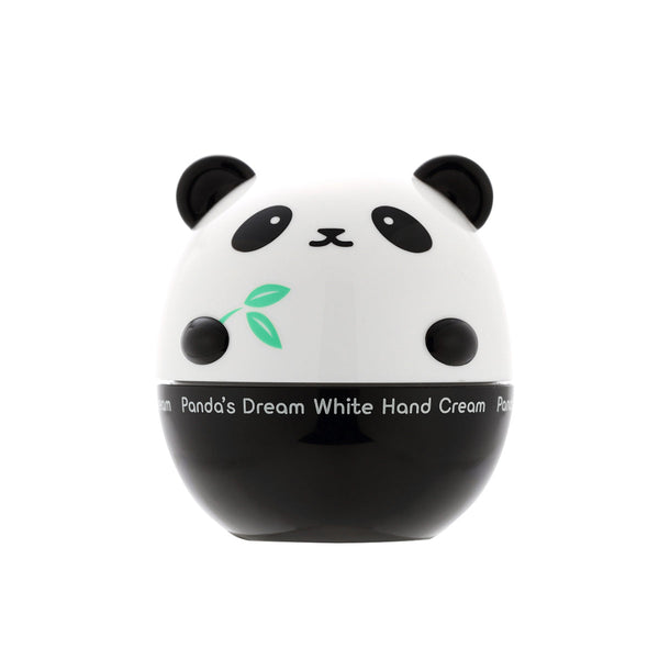 A panda-shaped hand cream container with a white top half featuring a black panda face design and a green leaf graphic, and a black bottom half with white text reading 'Panda's Dream White Hand Cream'.