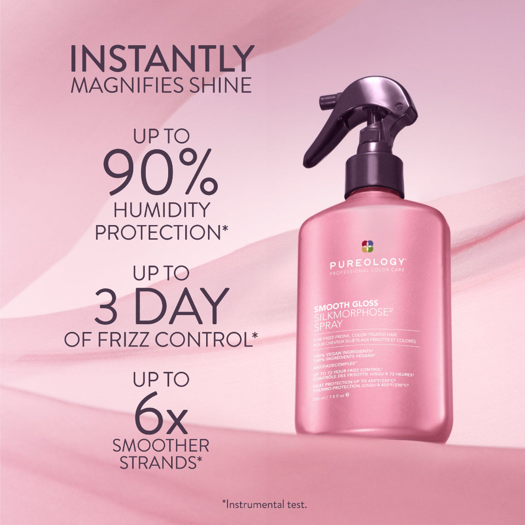 Pureology Smooth Gloss Smoother Spray bottle in a translucent pink bottle with a black spray nozzle, set against a pink background with promotional text highlighting hair shine, humidity protection, frizz control, and smoother strands.