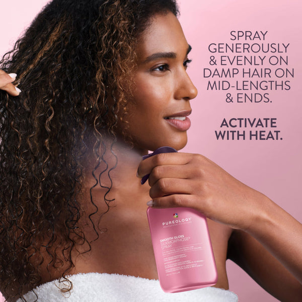 Woman using a pink hair product on her hair with text instructions on a pink background