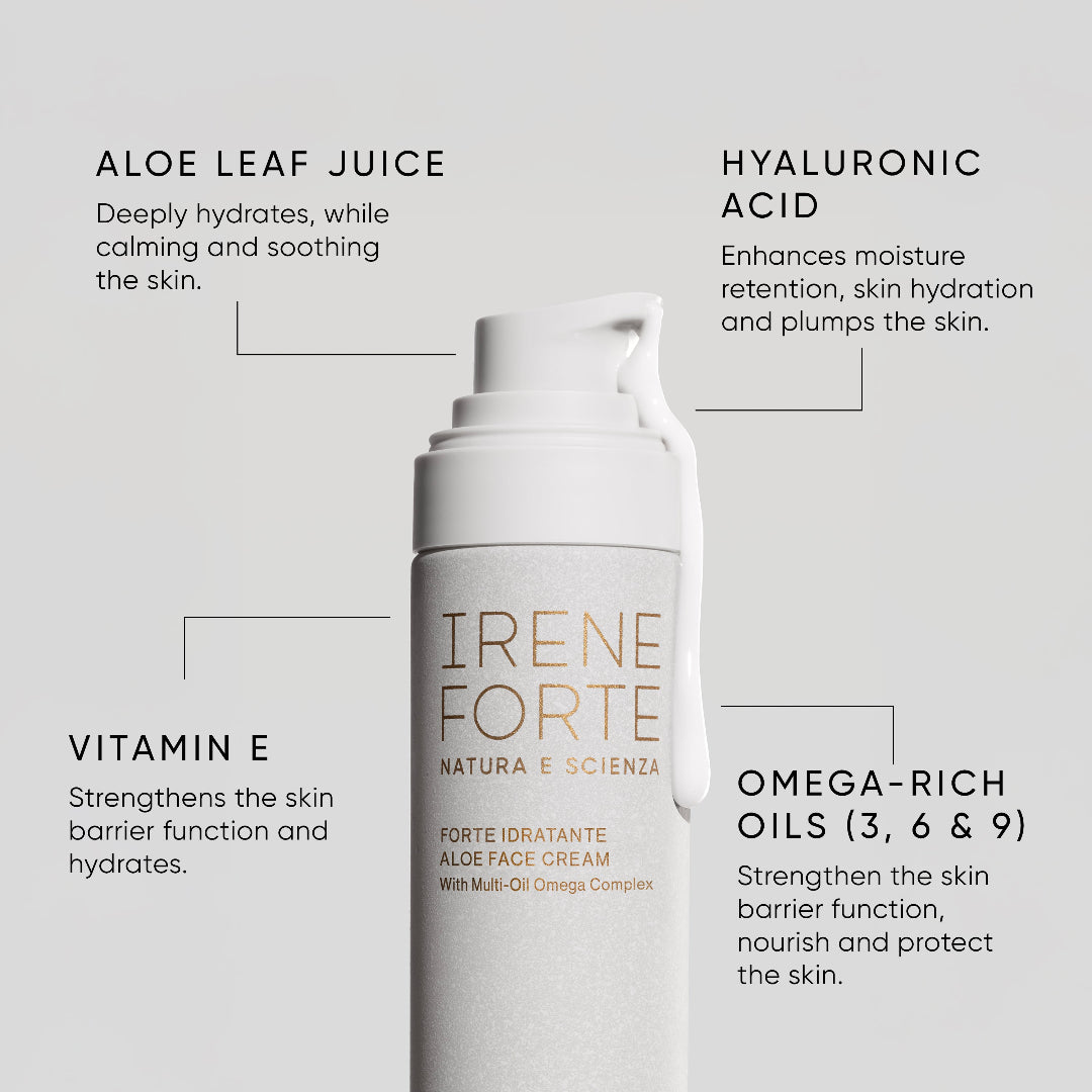 Irene Forte aloe face cream with ingredients listed on a gray background