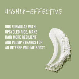 Text about hair product formulas with upcycled rice on a green background