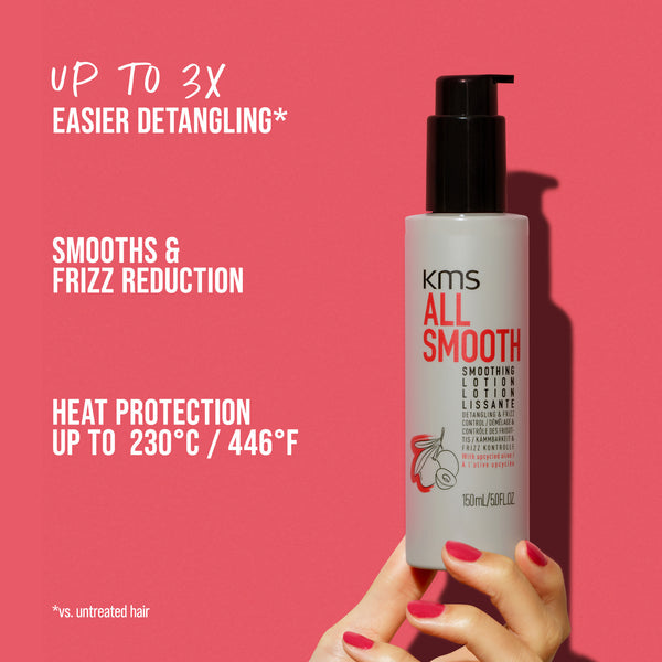 KMS All Smooth hair product bottle with text on a pink background