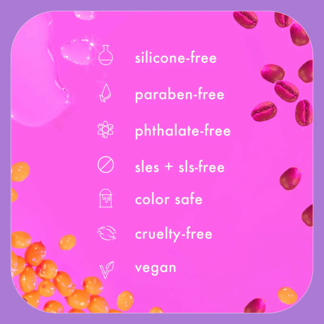 Pink square with cosmetic safety information icons and text on a purple background