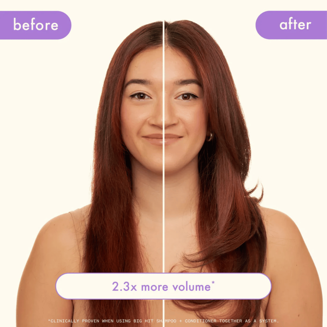 Before and after comparison of hair volume with a woman's face split down the middle.