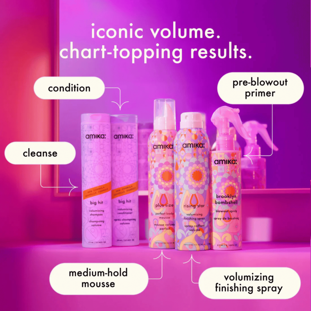 Amika hair care products with labels on a pink background