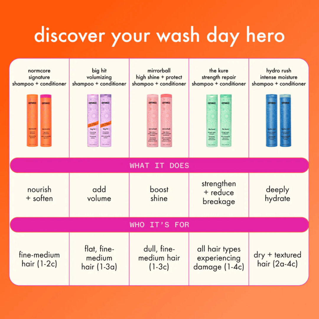 Product lineup chart for hair care products with descriptions and target hair types on an orange background.