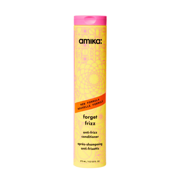 Amika 'Forget Frizz' anti-frizz conditioner bottle on a white background