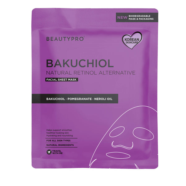Purple facial sheet mask packaging with 'BeautyPro' branding on a white background