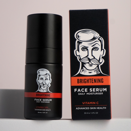 Black face serum bottle with packaging featuring a stylized face design on a light gray background.