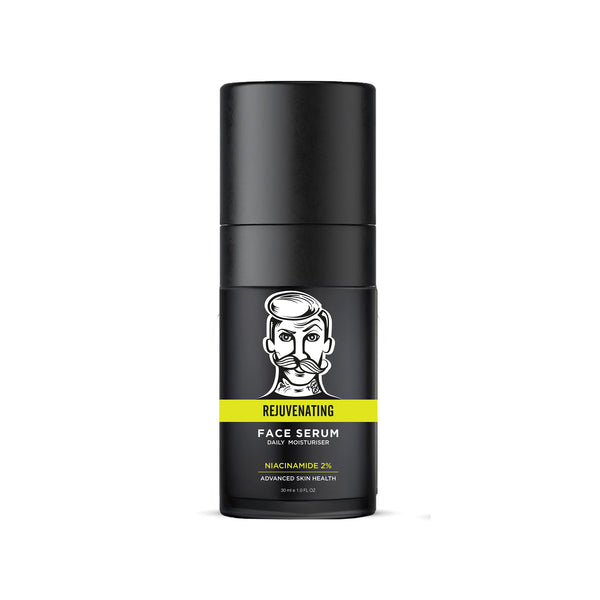 Black face serum bottle with a yellow label on a white background