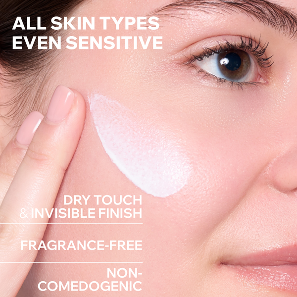 Woman applying a skincare product with text highlighting features on a light background