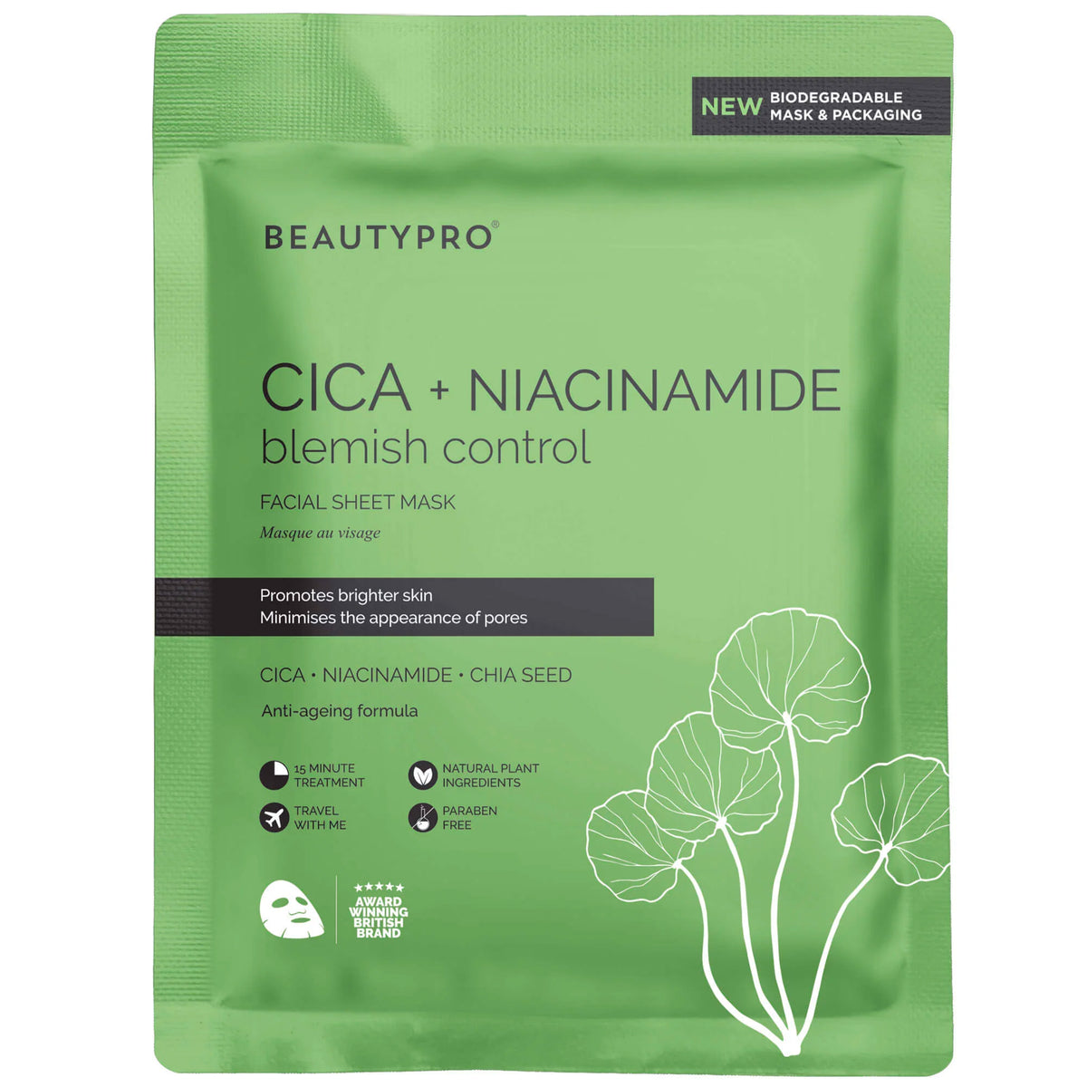 Green facial sheet mask packaging with BEAUTYPRO branding and CICA + Niacinamide ingredients.