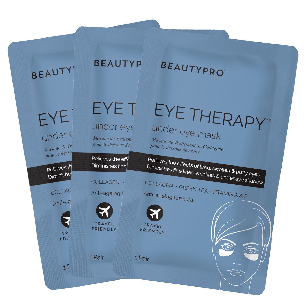 Four blue eye therapy mask packages with text and branding on a white background