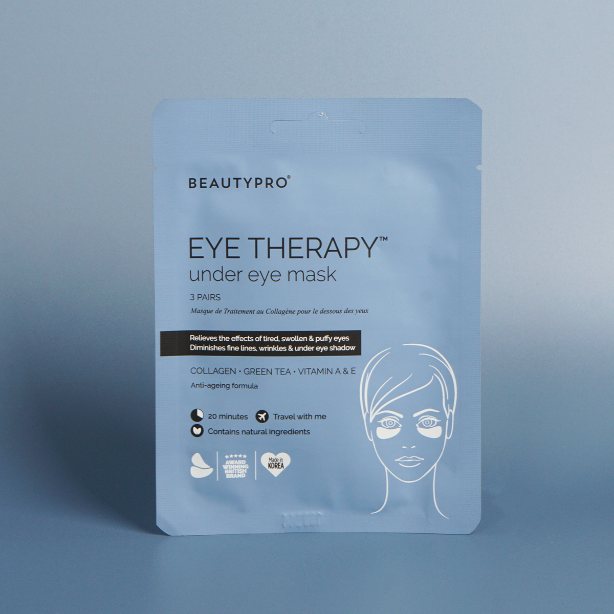 BEAUTYPRO eye therapy under eye mask packaging on a blue background
