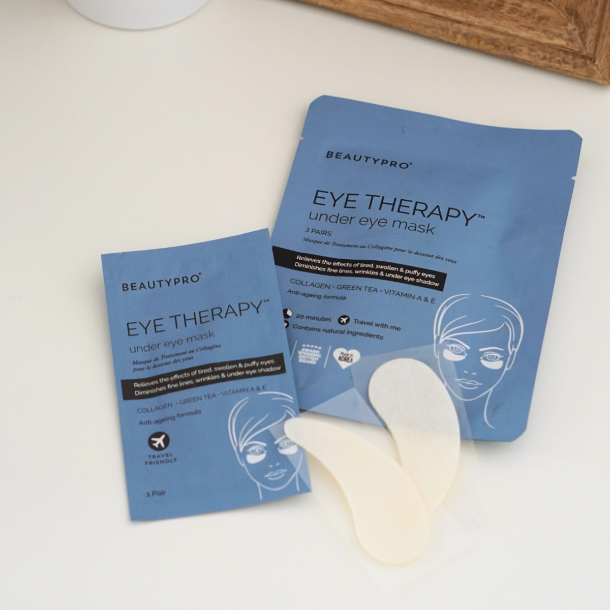 BeautyPro eye therapy under eye mask packaging on a white surface