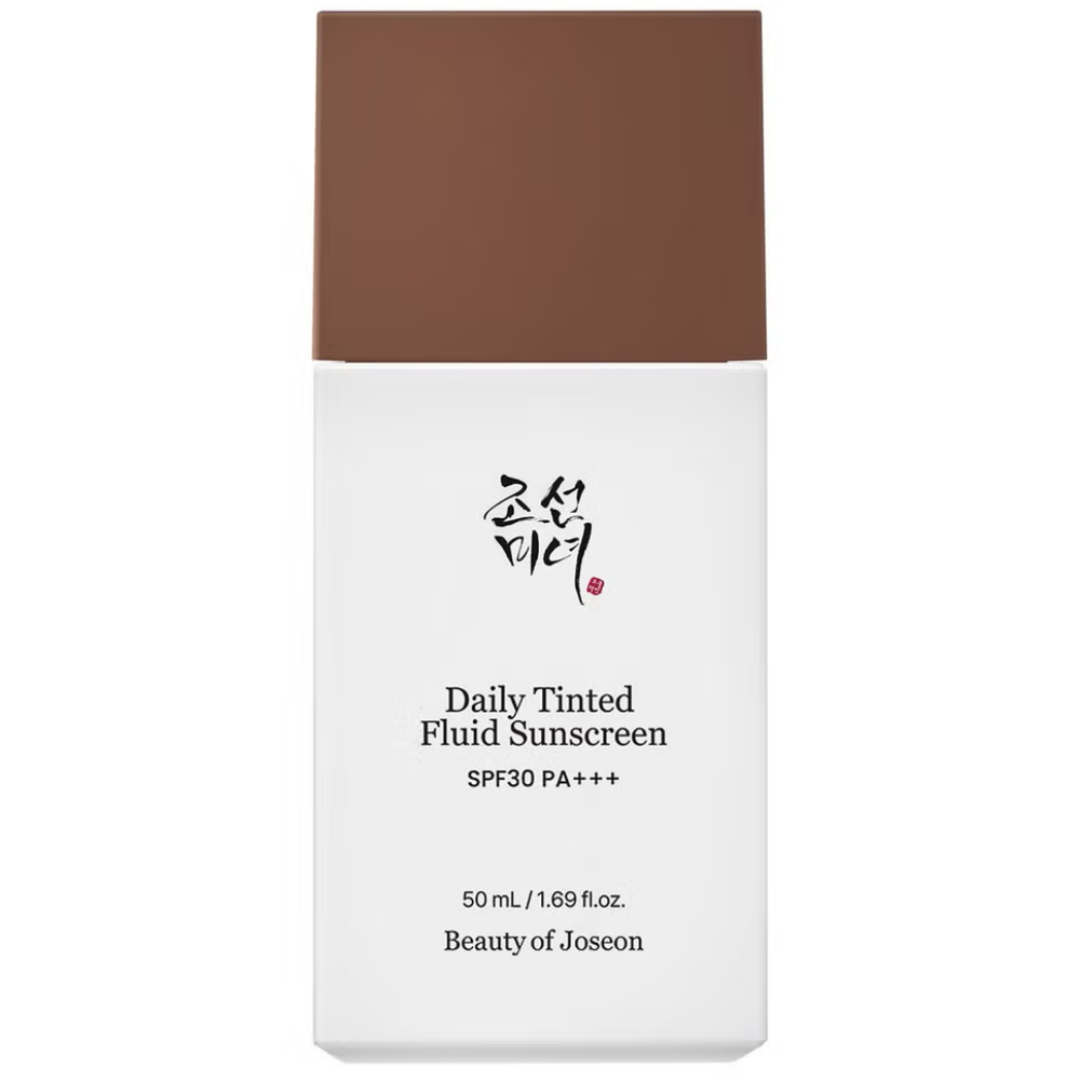 Daily Tinted Fluid Sunscreen packaging with brown and white design