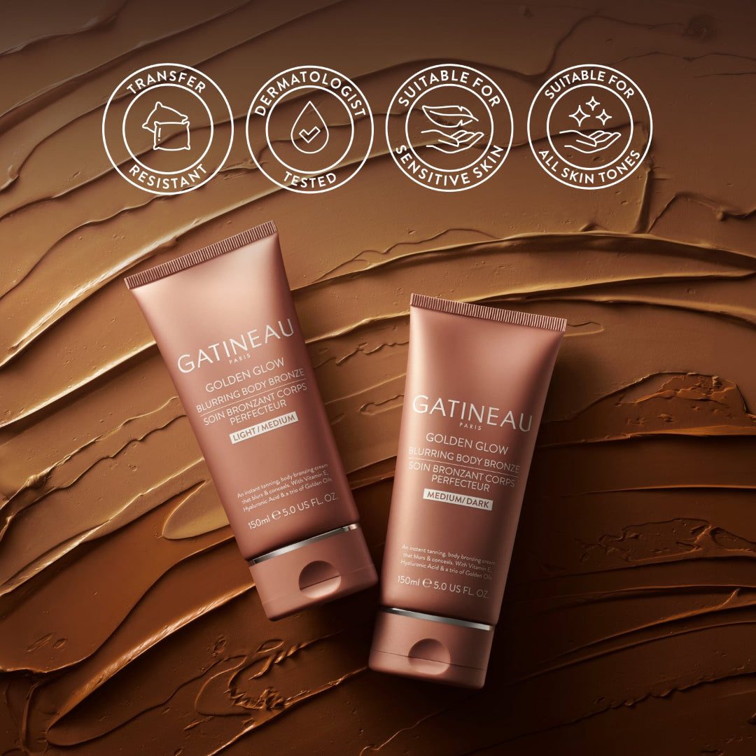 Two Gatineau Golden Glow products on a brown textured background with brand icons.