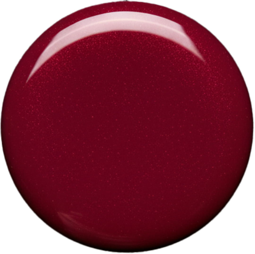 A circular glossy color swatch of deep burgundy nail polish with fine shimmer, shown on a plain white background.