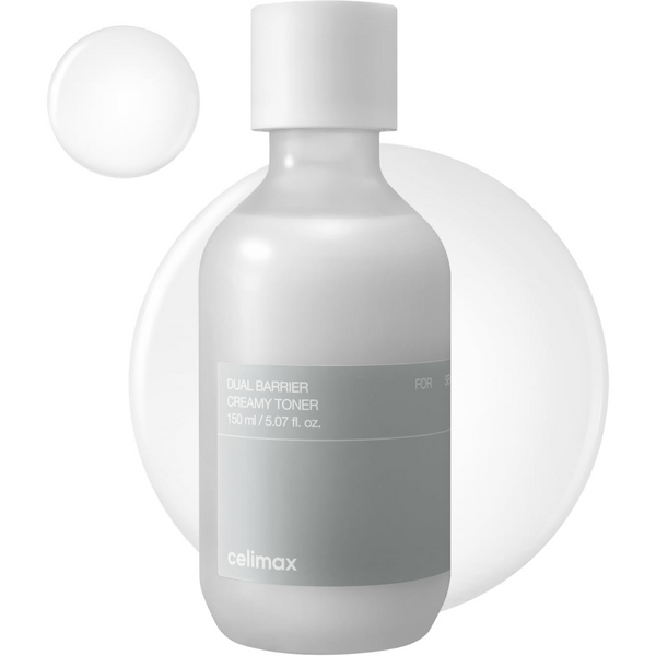 A frosted white cosmetic bottle labeled 'cellimax DUAL BARRIER CREAMY TONER' with a gray label band, shown on a white background with soft circular translucent shapes behind it.