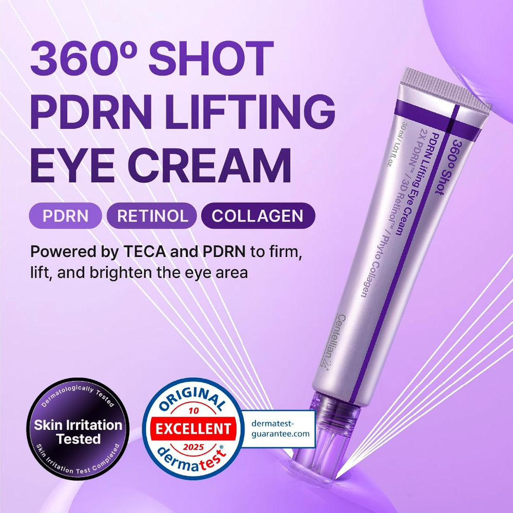 360° Shot PDRN Lifting Eye Cream with branding and product details on a purple background