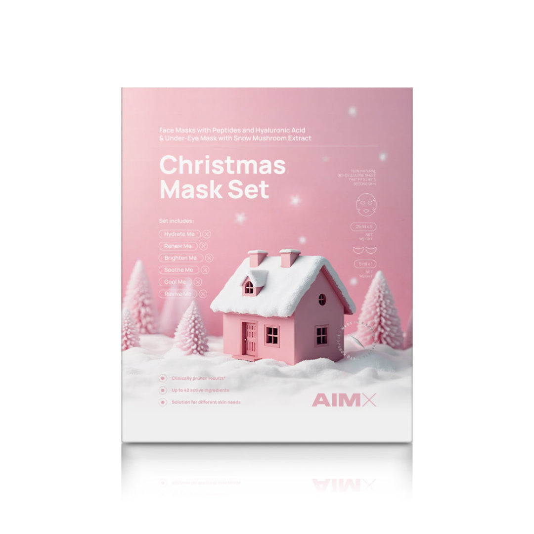 Christmas Mask Set packaging with a pink house and trees on a white background, featuring the brand 'AIMX'.