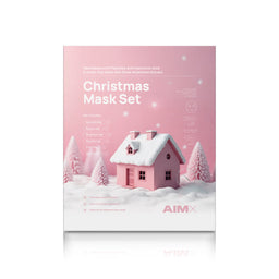Christmas Mask Set packaging with a pink house and trees on a white background, featuring the brand 'AIMX'.