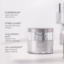 Skincare cream jar with text highlighting ingredients on a white background