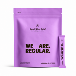 A purple stand-up pouch labeled 'Bowel + Bloat Relief' with the slogan 'WE ARE. REGULAR.