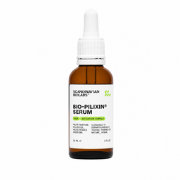 A 30 mL amber glass dropper bottle of Scandinavian Biologs Bio-Pilixin Serum on a plain white background.