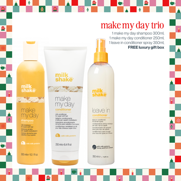 Three Milk Shake hair care products from the Make My Day Trio set, including shampoo, conditioner, and leave-in conditioner spray, displayed against a white background with a festive Christmas-themed border and promotional text.