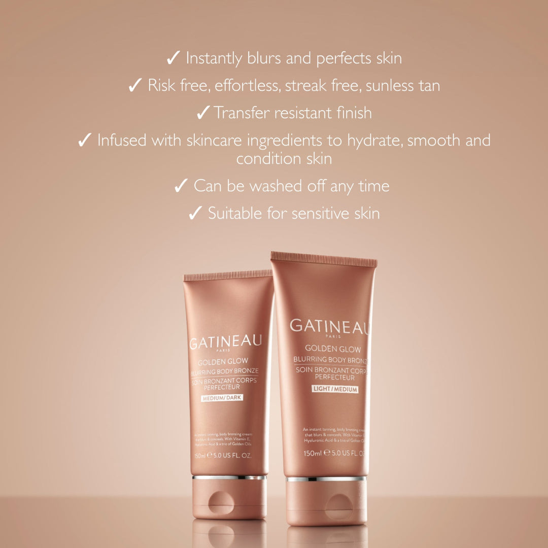 Two Gatineau skincare products on a beige background with text about product features.