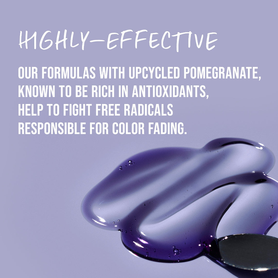 Blue liquid with text about upcycled pomegranate formulas on a purple background