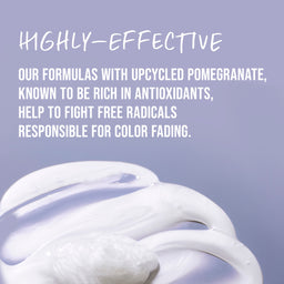 Text about upcycled pomegranate formulas with antioxidants on a purple background