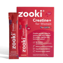 Zooki Creatine+ for Women supplement package with red packaging on a white background
