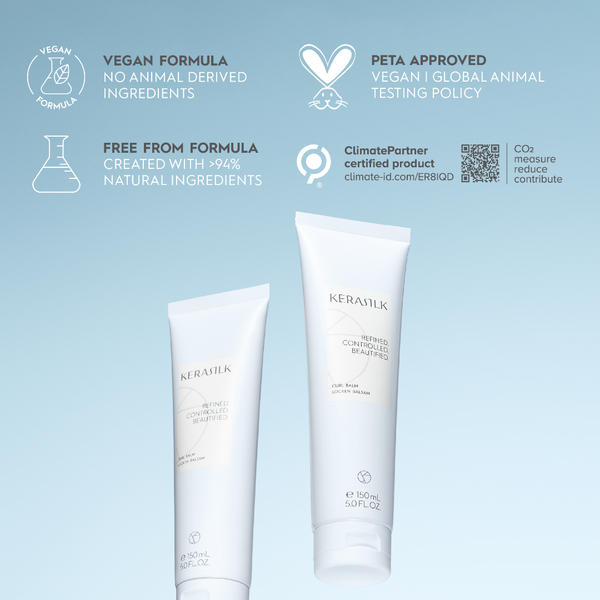 Two Kerastil hair care products with certification logos on a light blue background