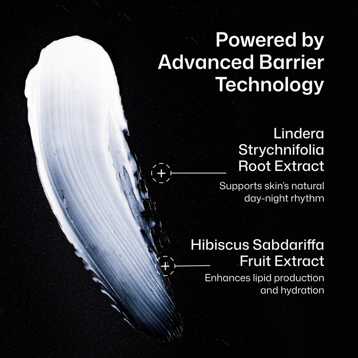 A white cream smear on a black background with white text reading 'Powered by Advanced Barrier Technology' and ingredient callouts for Lindera Strychnifolia Root Extract and Hibiscus Sabdariffa Fruit Extract.