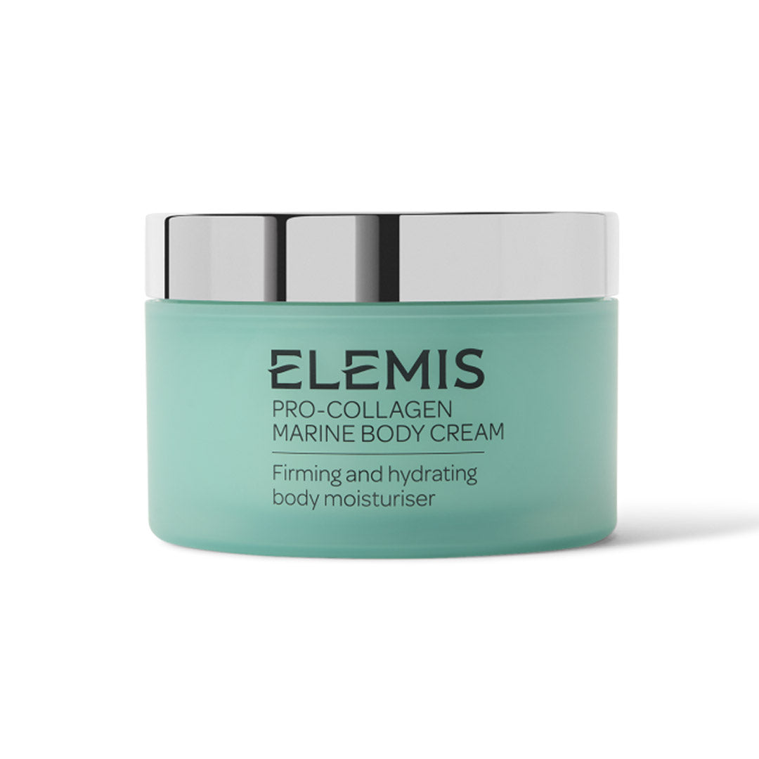 Elemis Pro-Collagen Marine Body Cream in a mint green jar with a reflective silver lid, shown on a clean white background.