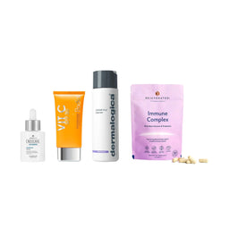 Collection of skincare and health products on a white background