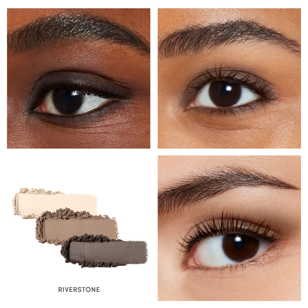 Collage of eye makeup application with close-ups of eyes and eyebrow products labeled 'Riverstone'.