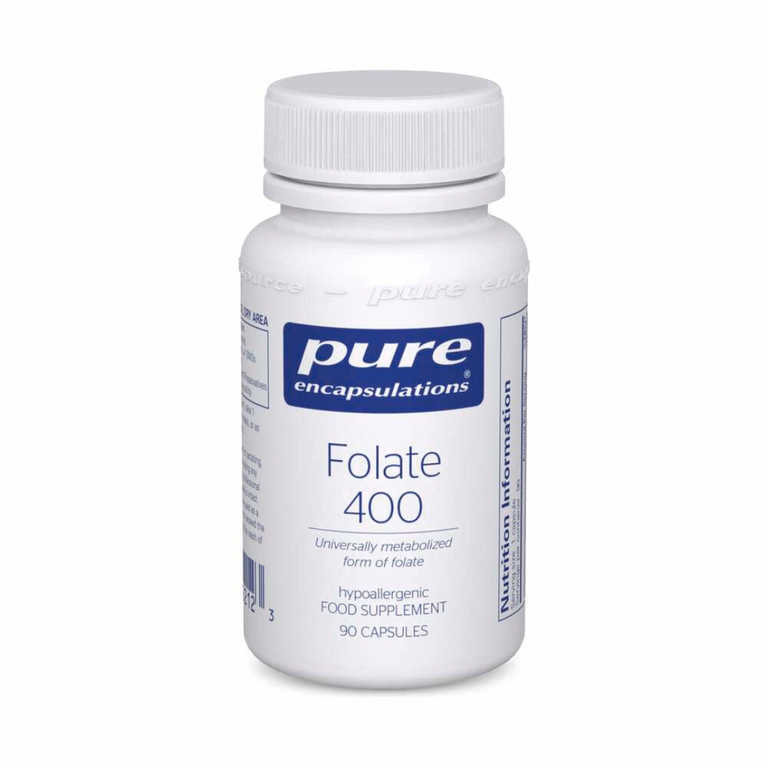 Bottle of Pure Encapsulations Folate 400 supplement on a white background