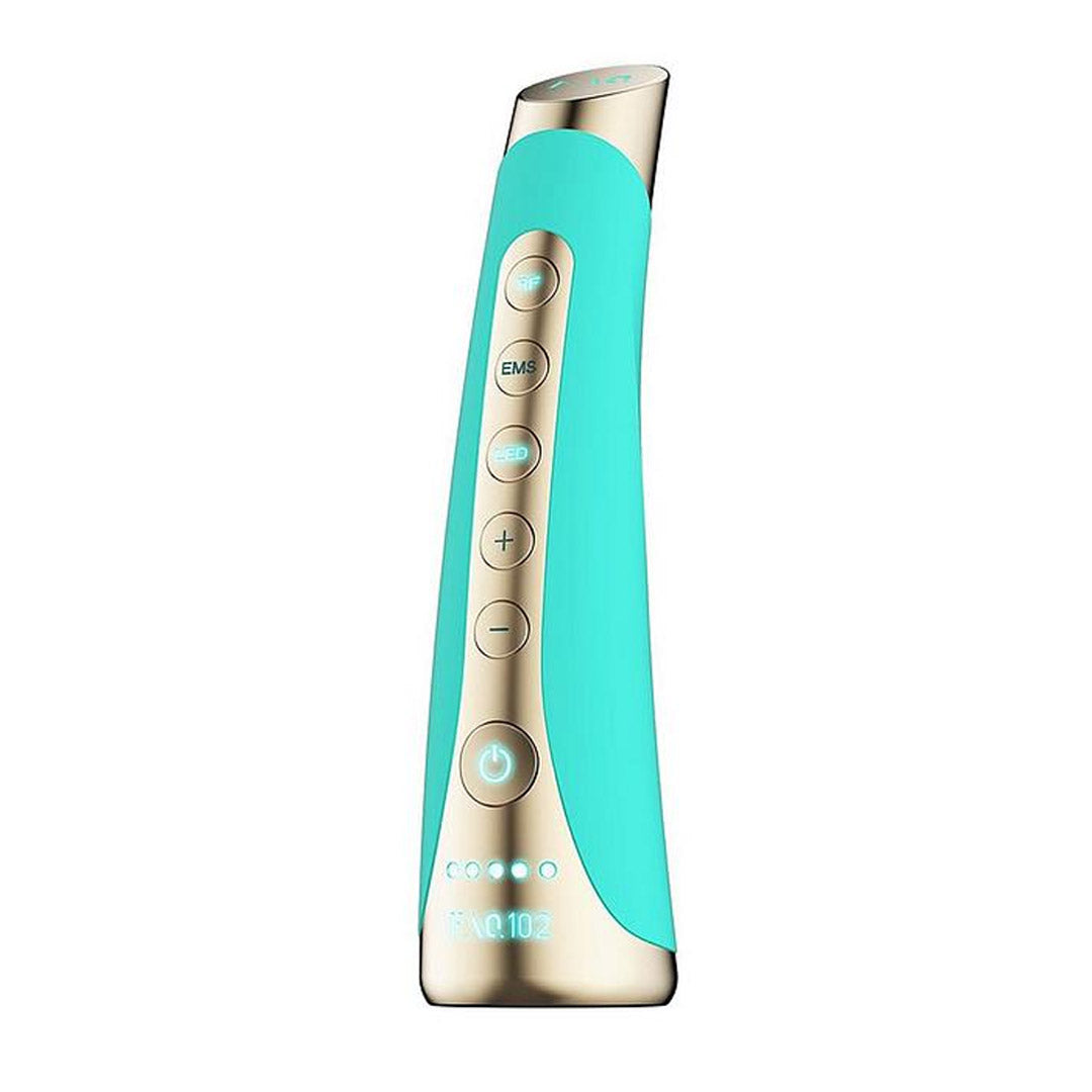 Teal and gold electronic device on a white background