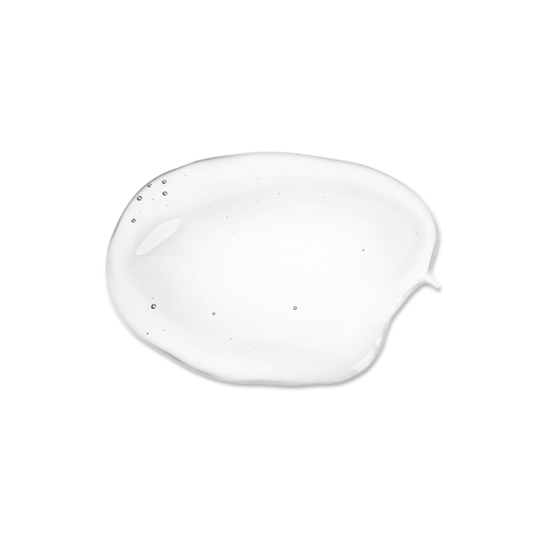 A glossy, translucent clear gel or liquid swatch with small embedded bubbles, presented on a solid white background.