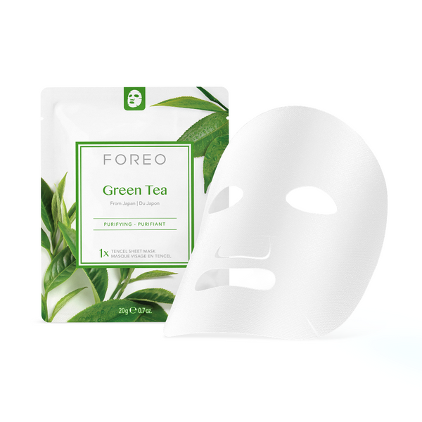 FOREO Green Tea facial mask with packaging on a white background
