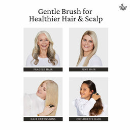 Promotional graphic for a gentle hair brush, showing four portrait panels of women and a child demonstrating use on different hair types: fragile hair, fine hair, hair extensions, and children's hair. Text at the top reads 'Gentle Brush for Healthier Hair & Scalp' with a small wave-like logo in the top right.