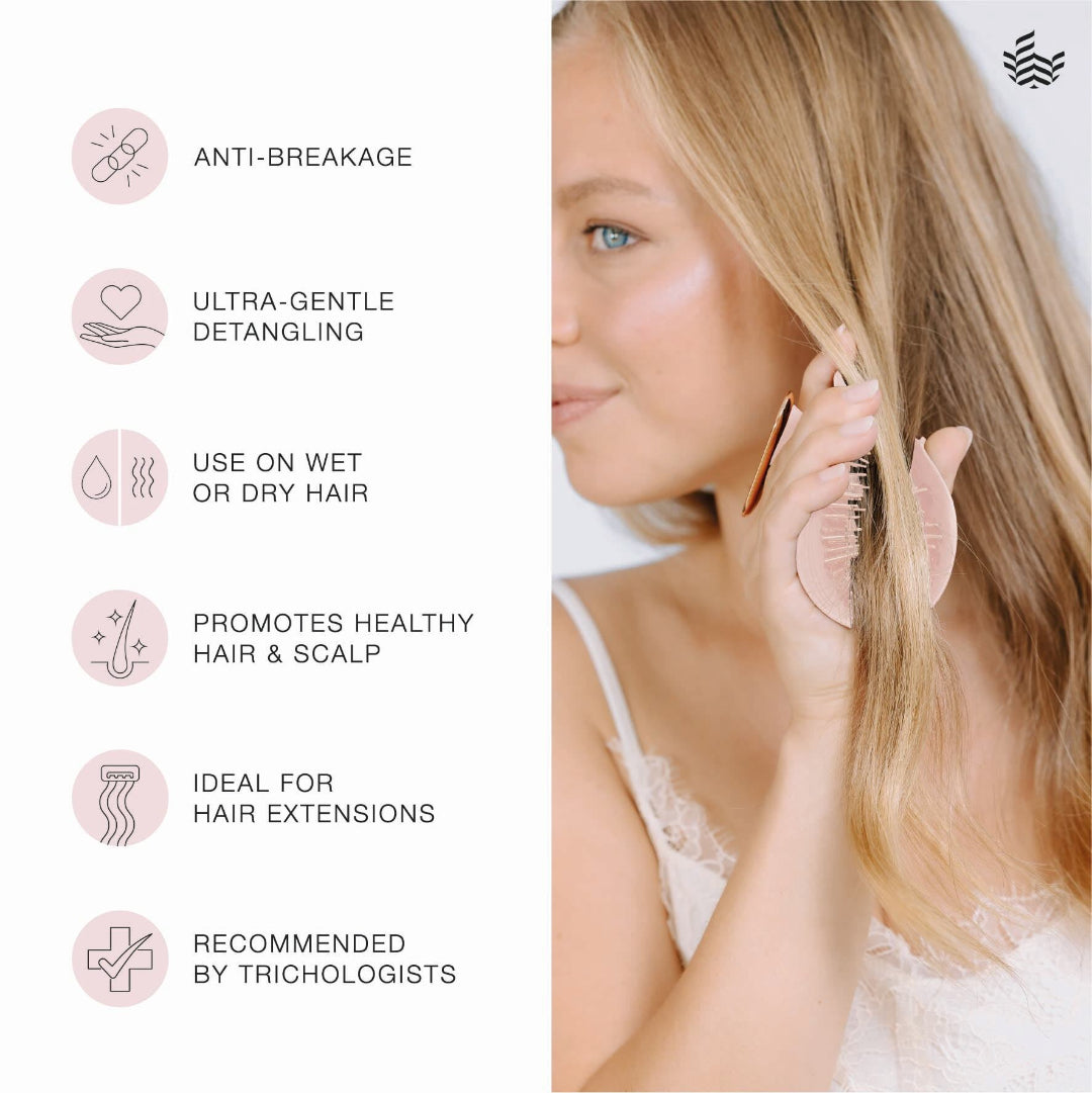 A blonde woman detangles her hair with a pink comb on the right side, while the left side lists product benefits including anti-breakage, ultra-gentle detangling, use on wet or dry hair, healthy hair and scalp promotion, ideal for hair extensions, and recommendation by trichologists.